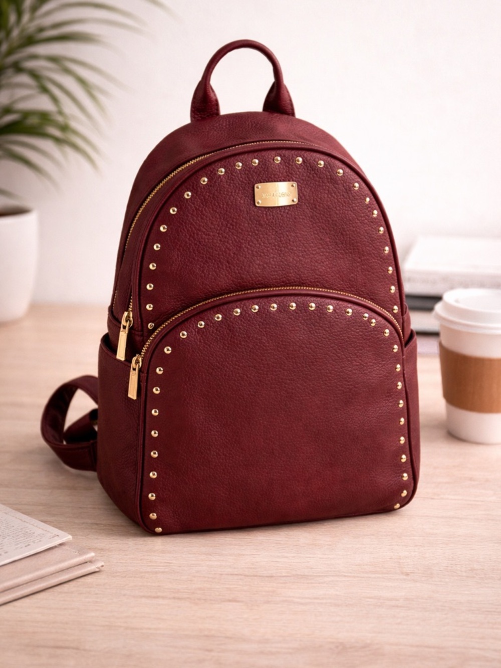 Michael Kors Burgundy Leather Studded Backpack Medium Travel School Designer Bag